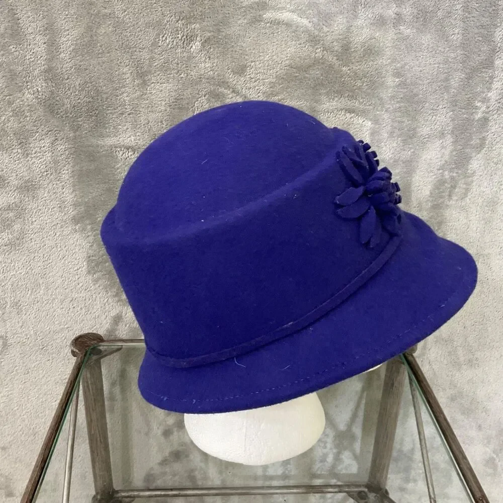 Vintage Andora Felt Cloche Bucket Hat Floral adjustable OS Royal Blue